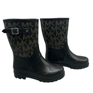 Michael Kors Women's Gold Logo Tall Rain Boots Wellies Black Buckle Boot Size 6